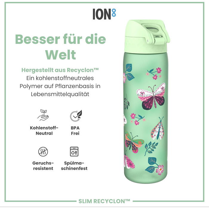 Пляшка для води Ion8 500 мл, не протікає, легка чистка, BPA-free, з ручкою та кришкою, з метеликами, для спорту та школи