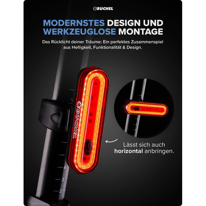 Велосипедне заднє світло Büchel LED, акумуляторне, сертифіковане StVZO, для велосипеда та електровелосипеда, з функцією показу гальмування