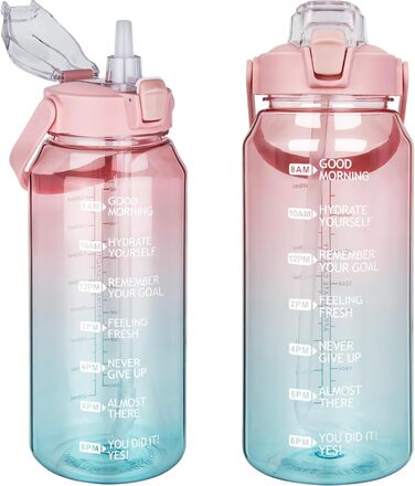 DEARRAY 2л пляшка для води Tritan з соломинкою та тайм-маркерами, BPA-free, мотиваційна, спортивна, для фітнесу, тренажерного залу, походів, прозора, рожево-бірюзова