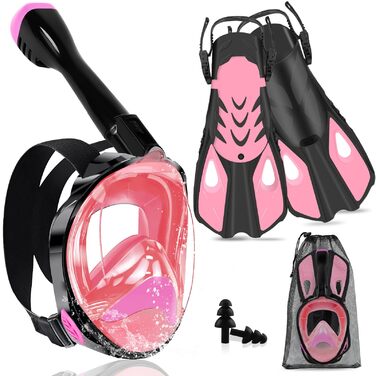 Набір для снорклінгу для дорослих з ластами та маскою, повна маска, антизапітніння, 180° огляд, кріплення для камери, регульовані ласти, етикетка, для снорклінгу та дайвінгу, рожевий, L-XL