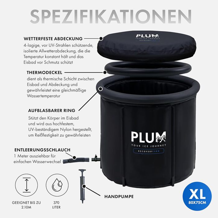 Тонна для криотерапії PLUM Eisbad XL (Ø80 см) - Комплект для криованни з аксесуарами - Складана ванна з 5 шарами ізоляції