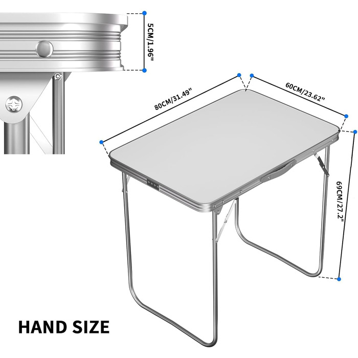 Складаний столик Qimu 60 см, алюміній, легкий, регульована висота, для саду та пікніка, білий