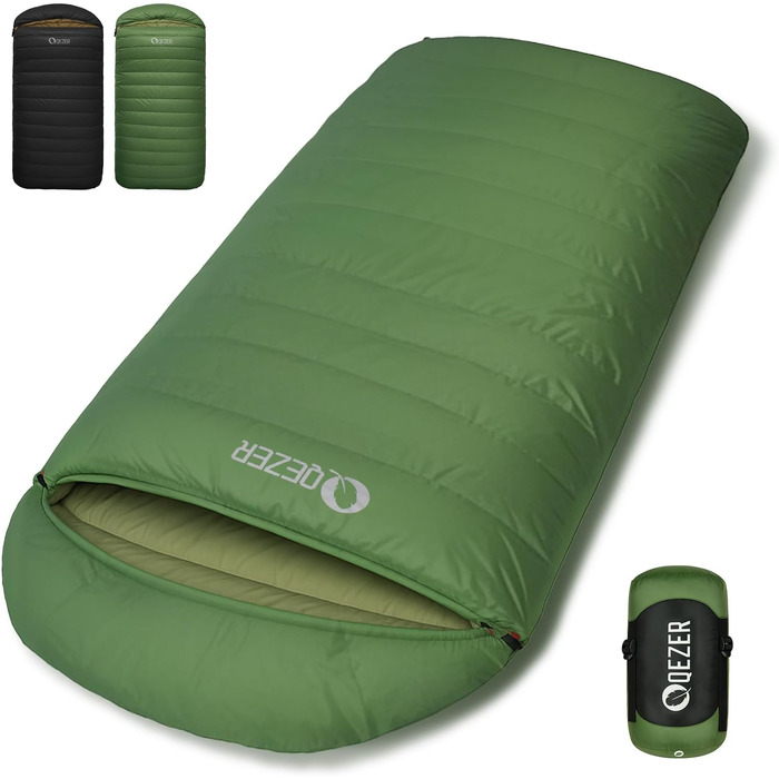 Сплячий мішок XXL з пуху на 3-4 сезони, 230x100 см, для дорослих, кемпінг, трекінг, подорожі (зелений)