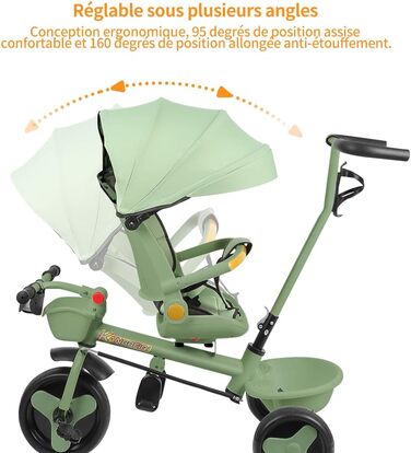 Триколісний велосипед для малюків, 5 в 1, з можливістю росту, велосипед-візок, поворотний сидіння 360°, штовхач, знімний капюшон, 3-точкова система безпеки, кошик для зберігання, 1-5 років (Зелений)