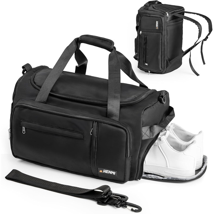 Спортивна сумка Henmi 43L з відділенням для взуття та мокрих речей, чорна. Ідеальна для подорожей, тренувань та фітнесу.