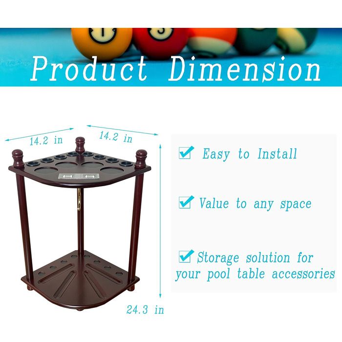 Підставка для київ для більярду на підлозі для 8 київ та аксесуарів, дерев'яна підставка для київ, кутова підставка з гачками та табло (махагон)