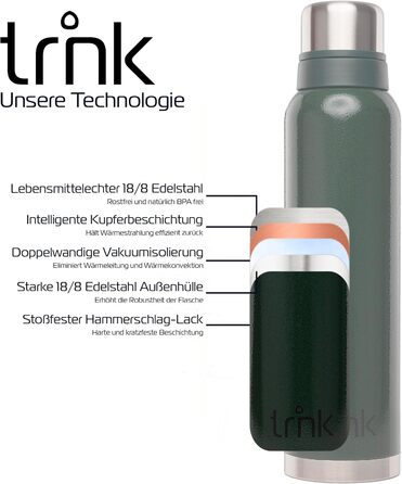 Термос trnk Outdoor polar 2, 1600 мл, нержавіюча сталь, BPA-free, з 2 чашками, зберігає тепло 40 годин, для напоїв, зелений, для туризму, можна мити в посудомийній машині