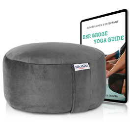 Йога подушка для медитації – кругла подушка з наповнювачем з лушпини гречаниці – 30 см, 14 см, збірна інструкція (PDF), знімний оксамитовий чохол (антрацит)