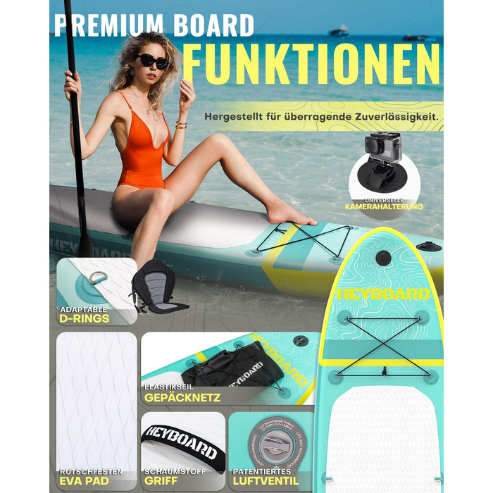 Надувна SUP-дошка HEYBOARD 320x81x15 см з веслом, насосом, рюкзаком та лішем для сап-серфінгу та водного спорту, фібергласове весло