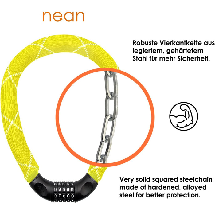 Замки для велосипеда Nean: надійний захист з цифровим кодом та міцною обмоткою, 6x6x900 мм (жовтий)