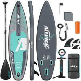 ALLPICK SUP Board Premium набір: Дошка для Stand Up Paddling надувна, з кріпленням для камери, повний комплект аксесуарів, регульоване весло, для початківців та просунутих, вантажопідйомність 200 кг, сіро-зелений