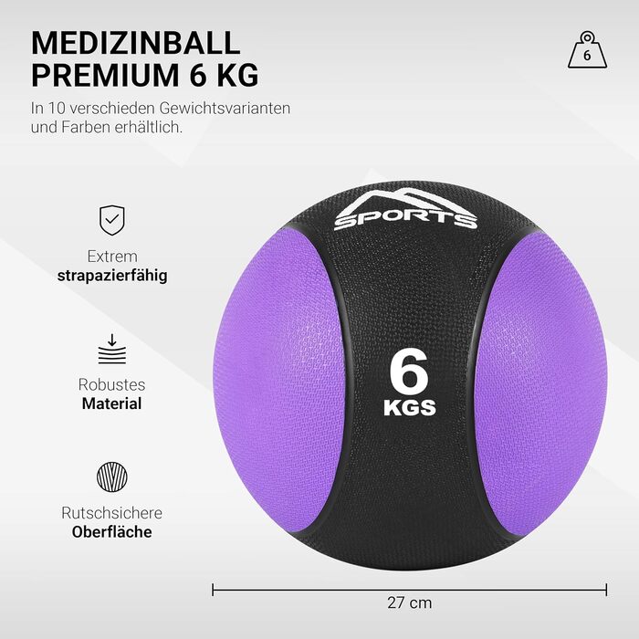 MSPORTS Медичний м'яч 6 кг, професійний, фіолетовий, для фітнесу та гімнастики, з постером вправ
