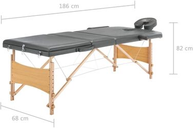 Масажний стіл vidaXL, 3-зонний, регульований, з чохлом, антрацит, 186x68 см, дерев'яний каркас, косметологічна, терапевтична кушетка