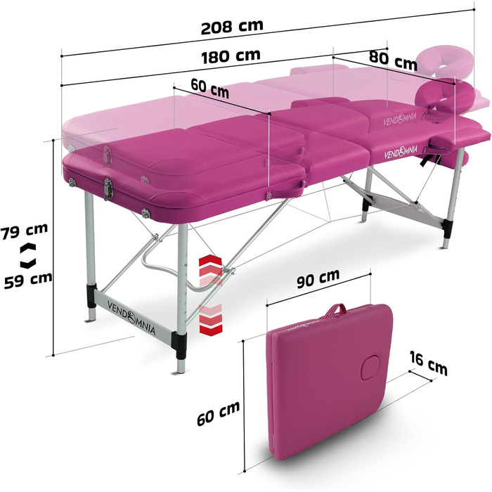 Мобільна массажна ліжка Vendomnia з алюмінієвого сплаву з 3 зонами, регулюванням висоти, включаючи якісну підголівник, сумку, підлокітники. Кольори в наявності. Складана, для масажу та процедур. Рожевий колір.