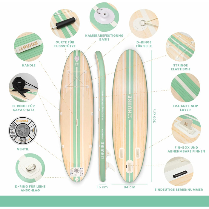 Надувний SUP-борд HUIIKE Stand Up Paddle Board з аксесуарами: весло, фіни, насос. Стабільний та міцний, 305 × 84 × 15 см, до 130 кг (Paulownia Mint - Full Pack)