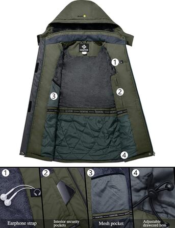 Чоловіча лижна куртка GEMYSE: водонепроникна, вітронепроникна, з підкладкою, для спорту, відпочинку, активного відпочинку на природі (армійний зелений, сірий, XXL)