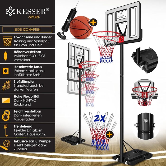 Баскетбольний кошик KESSER Premium з роликами, стійкою та аксесуарами, регульована висота 230-305 см, для дорослих і дітей, для вулиці, білий