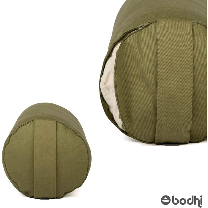 Йога-болстер Bodhi ECO, круглий, 100% біобавовна, наповнювач з органічної лузги полби, знімний чохол, для відновлювальної йоги, зелений, 65x20 см