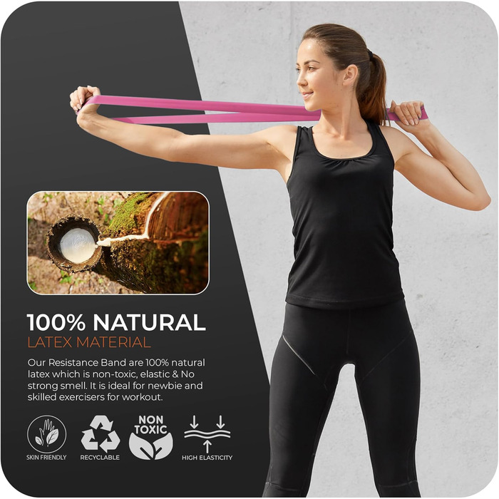 Фітнес-еластичні стрічки 5 рівнів опору, латекс, з сумкою для перенесення, для фітнесу, пілатесу, йоги, тренувань вдома та в залі, різні кольори для різного опору (рожевий та фіолетовий дует)