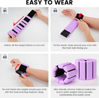 Ваги для ніг та рук, регульовані | Набір 2 шт (1 кг пара, 0,5 кг кожний) | Силіконові ваги на зап'ястя для жінок | Йога, Пілатес, танці, балет, біг, плавання, кардіо (фіолетовий)