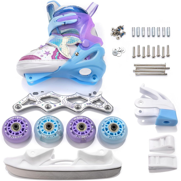 Дитячі ролики 4-в-1 Meteor Mermaid – регульовані, ABEC-7, PU-колеса, алюмінієвий фрейм, розміри XS-M