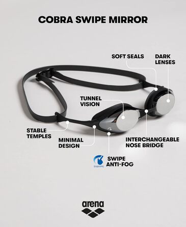 Окуляри для плавання Arena Cobra Original Swipe Mirror для дорослих, дзеркальні лінзи, антифог, UV-захист, 4 змінні перенісся, унісекс, для змагань