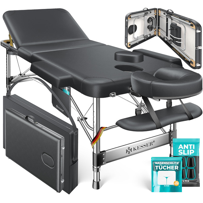 Масажне ліжко KESSER® з 3 зонами, до 250 кг, складане, регульоване, з аксесуарами (підголовник, підлокітники, сумка), антиковзне покриття, 61 см, антрацит