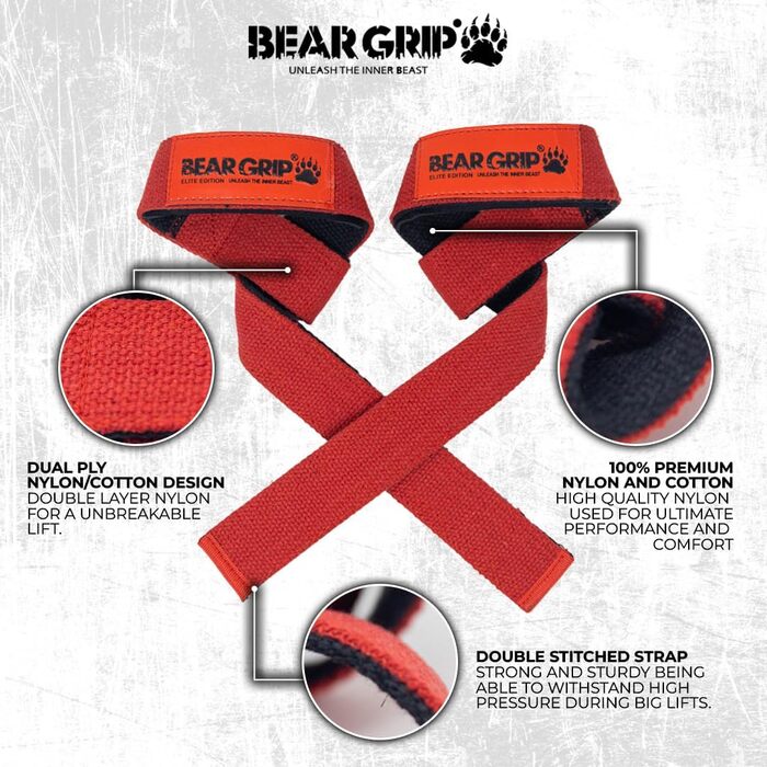 BEAR GRIP – Преміальні двошарові лямки для тяги Elite Edition, червоні