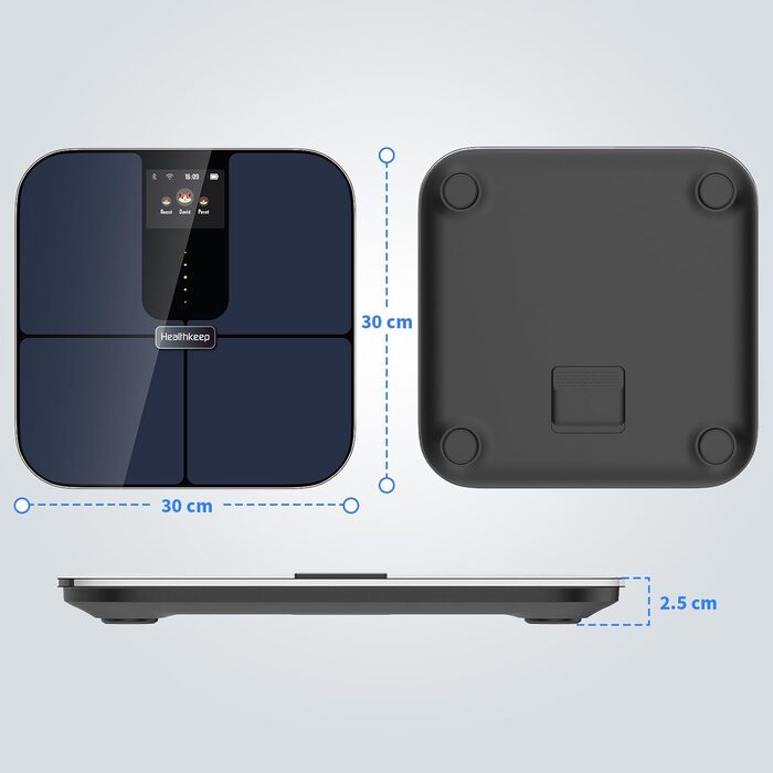 Розумні ваги Healthkeep з Bluetooth, TFT-дисплеєм, ITO, вимірюванням 25 параметрів тіла та пульсу, для Android і iOS, до 180 кг, сині