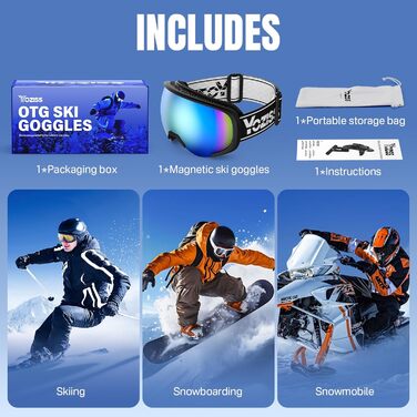 Очки для сноуборда OTG: мужские и женские, магнитные, антизапотевающие, 100% UV-защита, черные и синие