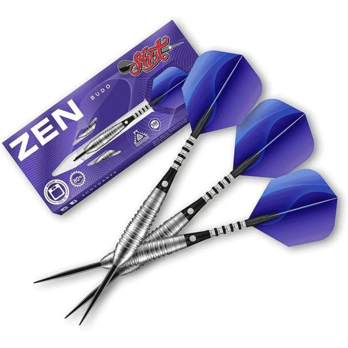 Дартс-набір Shot! Zen Budo 80% вольфраму, професійні дротики зі сталевим вістрям, вироблені в Новій Зеландії, з дизайнерськими хвостовиками