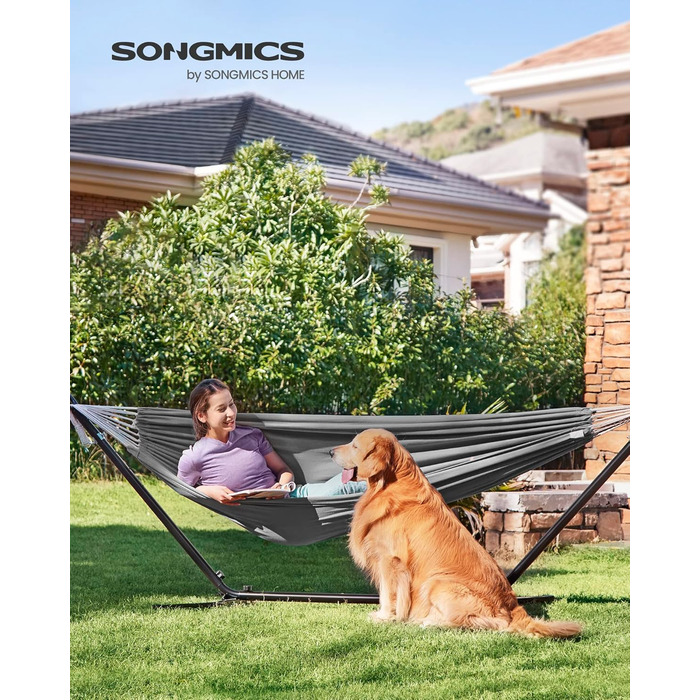 Подвійна гамак SONGMICS, 249x150 см, сірий, вантажопідйомність 136 кг, з компресійним мішком, кріпильними ременями та карабінами, для тераси, балкону, саду, відпочинку на природі, кемпінгу
