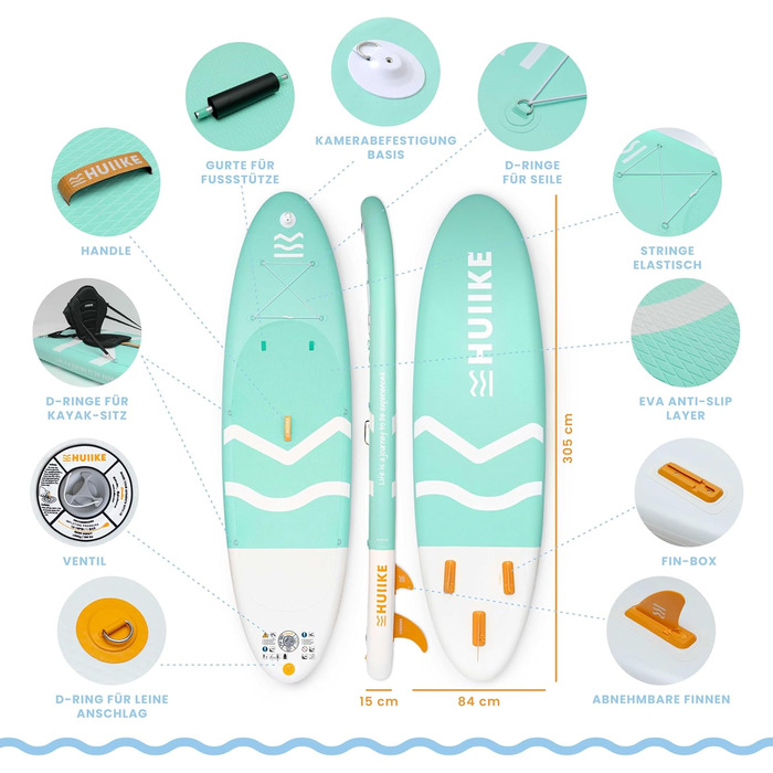 Надувний SUP-борд HUIIKE з аксесуарами: весло, фіни, насос. Стабільний та міцний, 305 x 84 x 15 см, до 130 кг