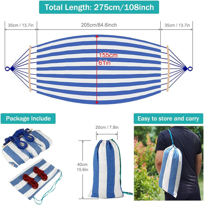 Гамак для відпочинку на відкритому повітрі: кемпінговий гамак з дерев'яною перекладиною, ременями та сумкою. Підходить для дому, балкону, тераси, саду, подорожей з рюкзаком. Колір: блакитний