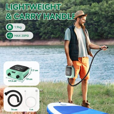 Електричний насос SUP з акумулятором 20 PSI, 12V DC, LCD, для надувних човнів, матраців, наметів (зелений)