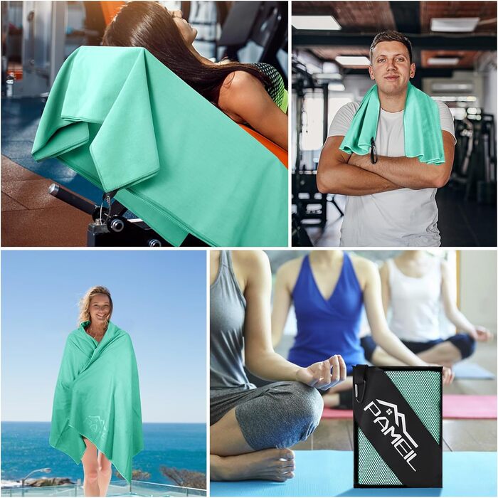 Набір з 3 рушників з мікрофібри (160x80 см + 2 шт по 80x40 см), швидковисихаючі, для подорожей, спортзалу, сауни (м'ятно-зелені)