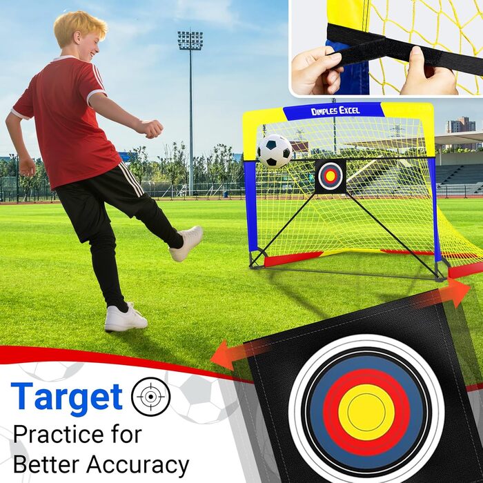 Ворота для футболу Dimples Excel Pop-Up – розкладні для дітей | Набір 1 або 2 шт. | Розміри 120x90 / 152x110 / 213x152 см | 3 кольори | З м'ячем, насосом, конусами та мішенню | Для саду та подарунка (2-120x90 блакитний+аксесуари)