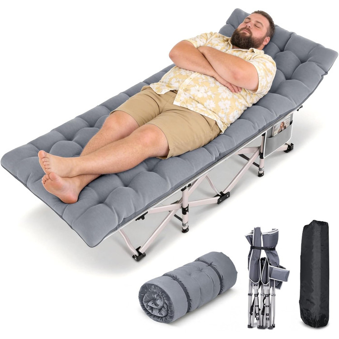 Ліжко туристичне розкладне Feldbett 7-зонне XXL 250 кг, 1200D Oxford, кут нахилу 15°, для кемпінгу, саду, намету, сіре (1 шт)