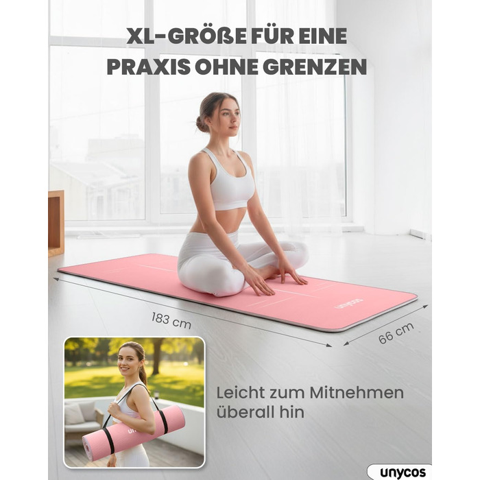 Килимок для йоги Unycos з нековзким покриттям | Щільність 6/10/15 мм, для гімнастики, з ременем для перенесення【вкл. E-Book】Фітнес-килимок для пілатесу, тренувань, гімнастики (#19 Рожевий + Сірий, 183*66*1 см)
