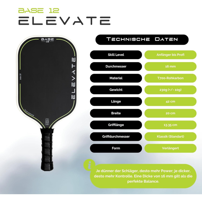 BASE12 Піклбол Шляк Карбон – Преміум Ракетка 16 мм, Шорстка Поверхня для Контролю та Обертання – Ідеально для Початківців та Професіоналів