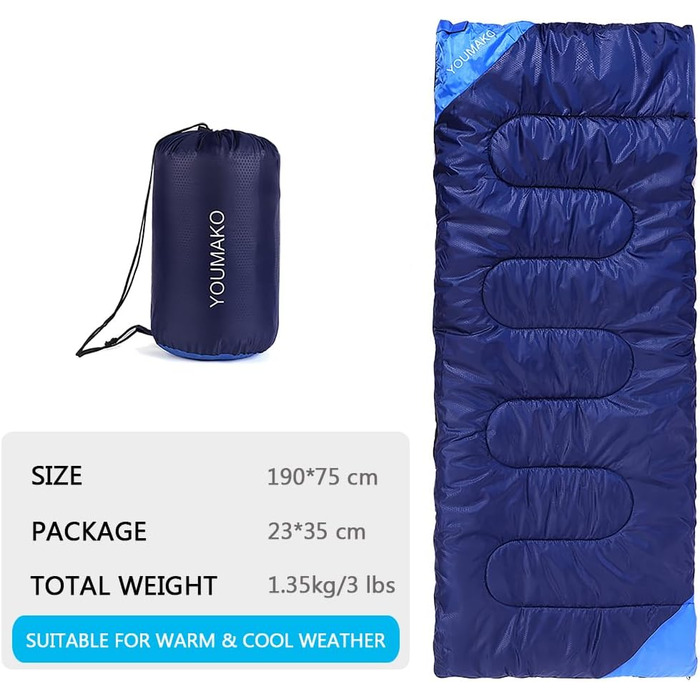 Сплячий мішок для дорослих та дітей – легкий, водонепроникний, зручний для весни, літа, осені – піший туризм, подорожі, кемпінг (королівський синій)