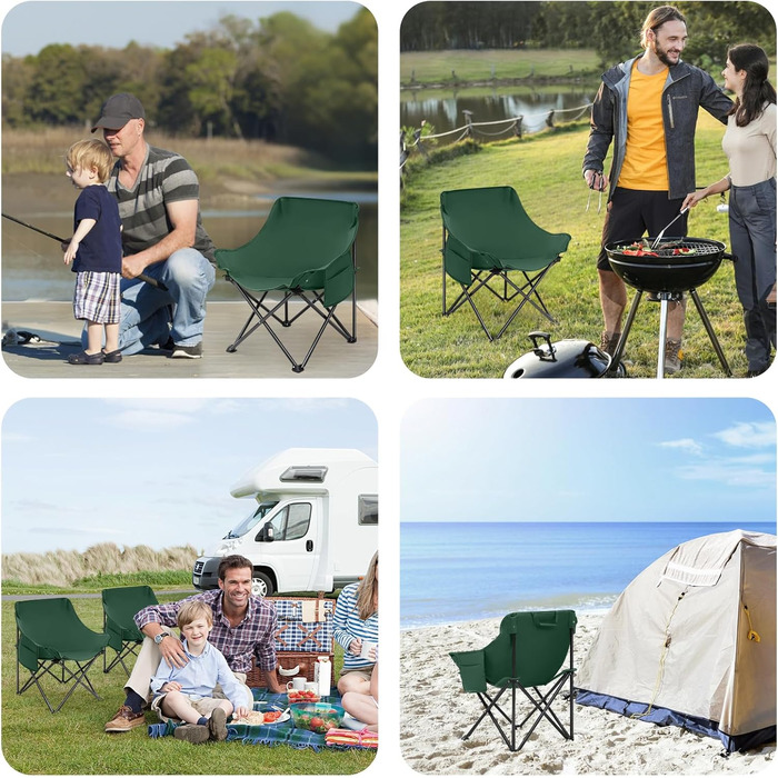 Зручний складаний стілець для кемпінгу з сумкою та нековзними ніжками. Ідеально підходить для риболовлі, відпочинку на пляжі, пікніків, саду та балкону. Колір: темно-зелений