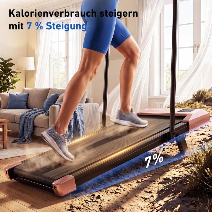 Бігова доріжка DeerRun Walking Pad з нахилом 6% для дому та офісу, компактне підстільне Laufband з LED-дисплеєм, пультам та підтримкою додатка, до 136 кг, світло-рожева