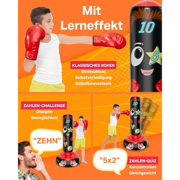 AVENTERA® Боксерський мішок для дітей 3-12 років (160см, навчальний ефект) - 4-в-1 комплект - для тренувань, розвитку рухливості та моторики - перевірена якість