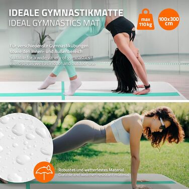 Надувний гімнастичний мат Airtrack ECD Germany для тамблінгу та фітнесу, 300 x 100 x 10 см, м'ятно-зелений (з електричним насосом та сумкою)