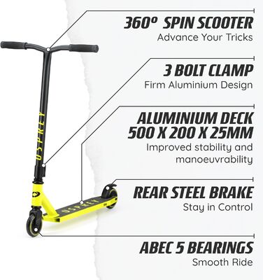 Самокат трюковий Osprey Stunt Pro 360° для дітей та дорослих, жовтий, з підшипниками ABEC 5