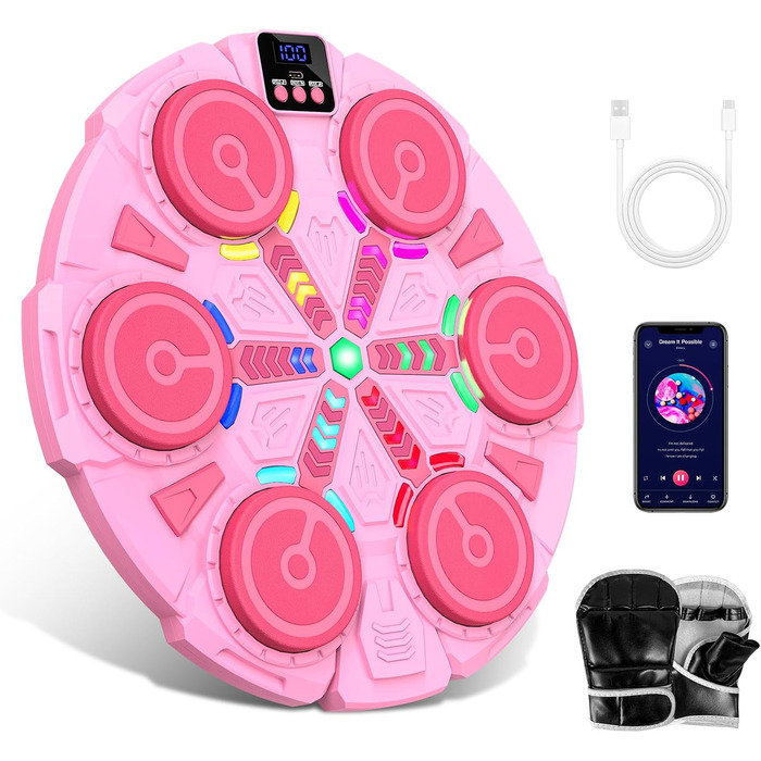 Музична боксерська машина IERAKOR для дітей, рожева: LED-підсвічування, Bluetooth, 5 швидкостей, автоматичний підрахунок