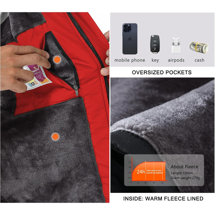 SPOSULEI чоловіча флісова куртка на зиму, тепла, з підкладкою, для катання на лижах, для активного відпочинку, вітронепроникна, водонепроникна, з капюшоном, червона