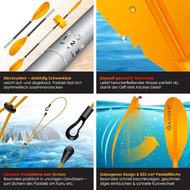 Весло KESSER® Paddle Doppelpaddel з 4 частин для каяка, SUP, стенд-ап паділбордингу, 228 см, алюміній. Підходить для надувного човна, весло для стенд-ап паділбордингу. В комплекті: страховий шнур, чохол для телефону, надувне весло Orange