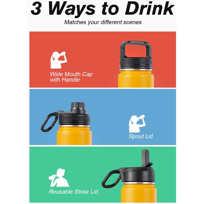 Фляга Coolflask 1,2 л з ізоляцією та соломинкою, нержавіюча сталь, 3 кришки, для спорту та офісу, зберігає холод до 48 годин, тепло до 24 годин, сіро-зелений колір (Ombré жовто-помаранчевий, 591 мл)